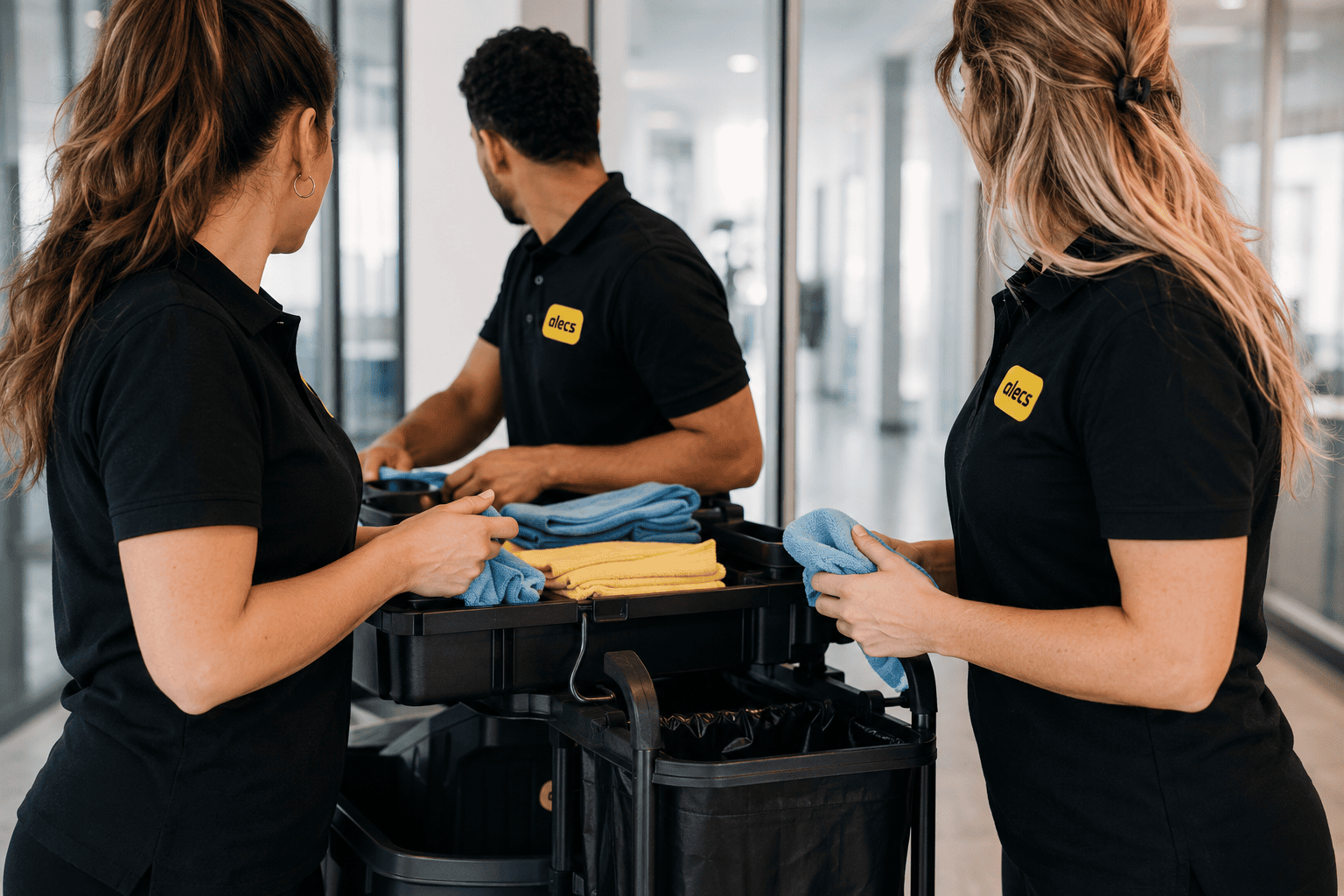 ALECS-medewerkers in zwarte polo's aan het werk in een kantoorpand